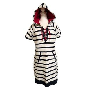 R-RL Lauren Active Dress Women's Size Large Short Sleeve Nautical Striped Hooded